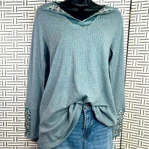 Soft Surroundings aqua rhinestone, embellished, long sleeve top